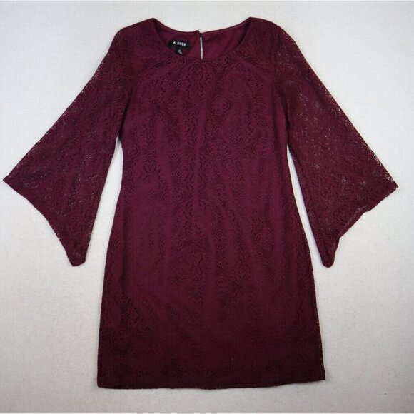 A. BYER - WOMEN'S MAROON WINE PURPLE LACE DRESS - FLARED BELL SLEEVES - SIZE M - Picture 1 of 5